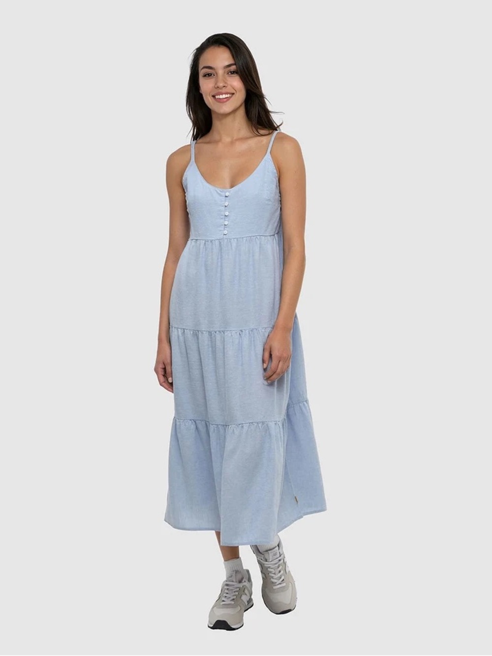 NWT tentree Light Blue Tiered Midi Dress with Button Front